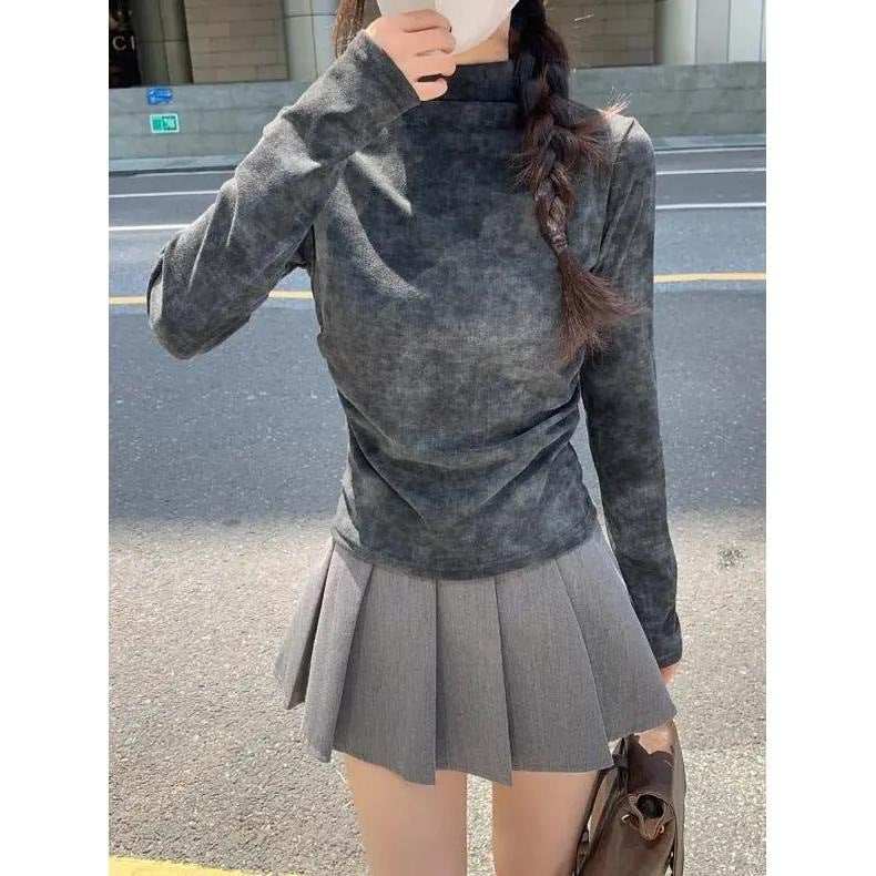 Half-High Collar Fleece Long-Sleeved T-Shirt Women'S Tie-Dyed Pleated Shoulder Design Sense Base Shirt With Short Top - Image 1