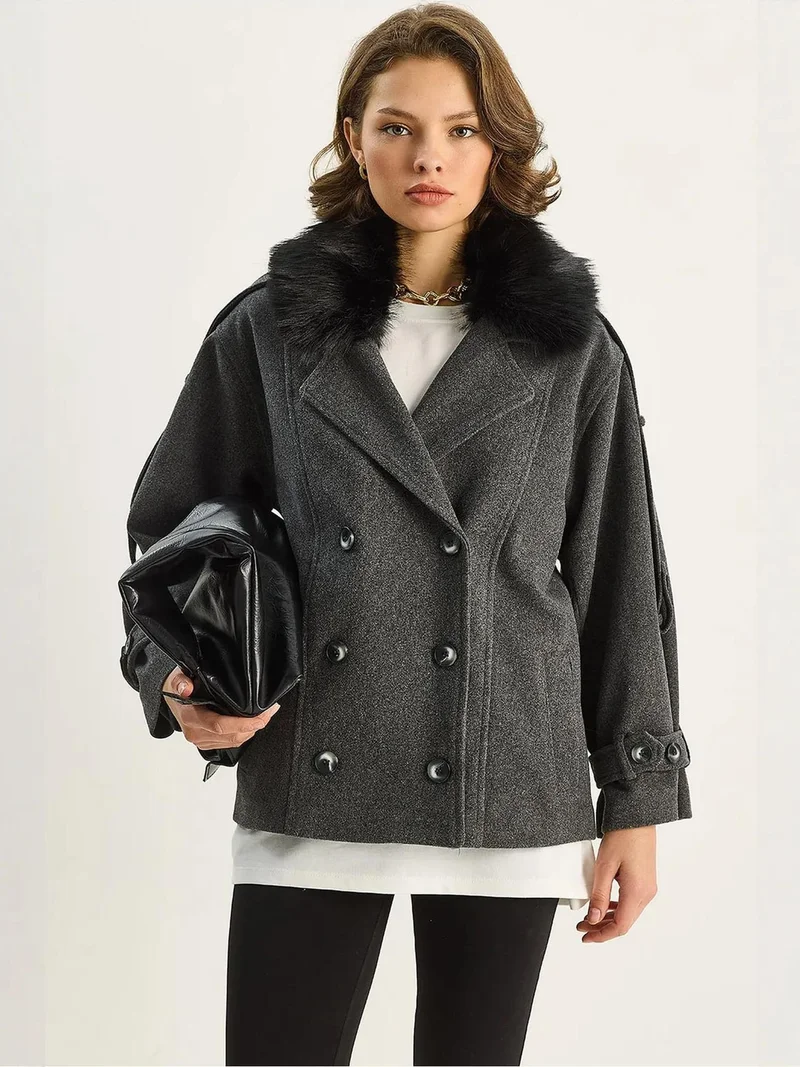 Bianco Lucci LUCCI Wool Blend Coat with Faux Fur Collar