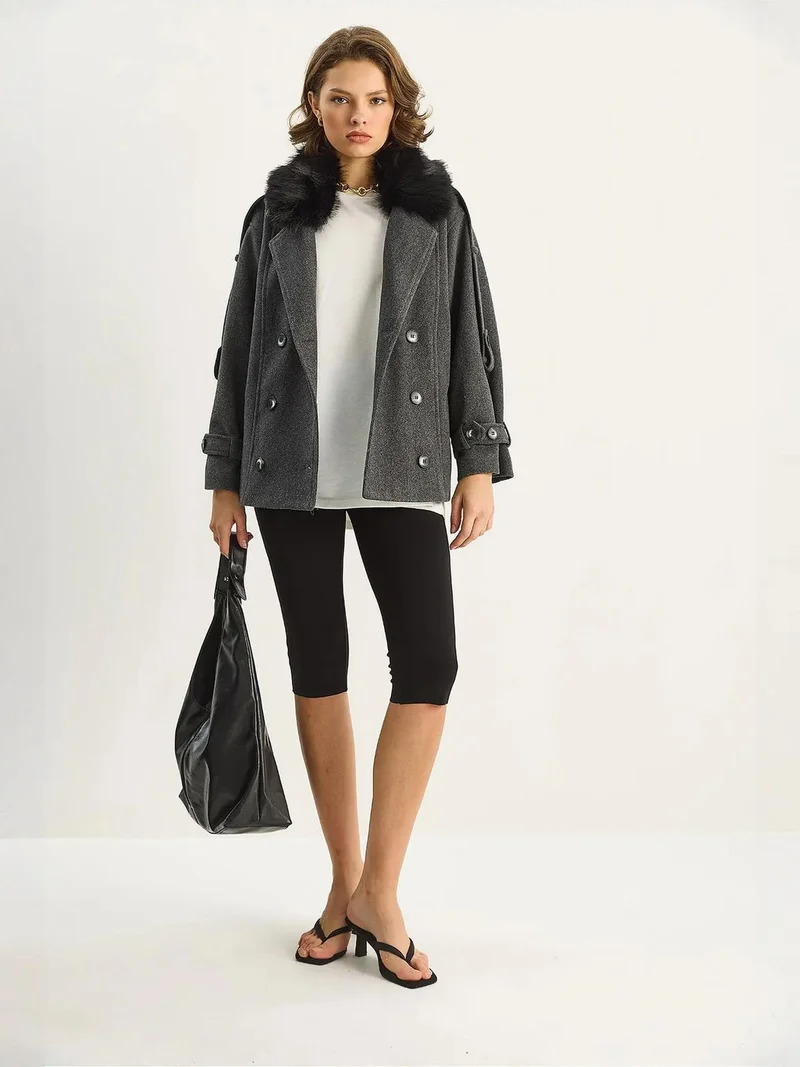 Bianco Lucci LUCCI Wool Blend Coat with Faux Fur Collar