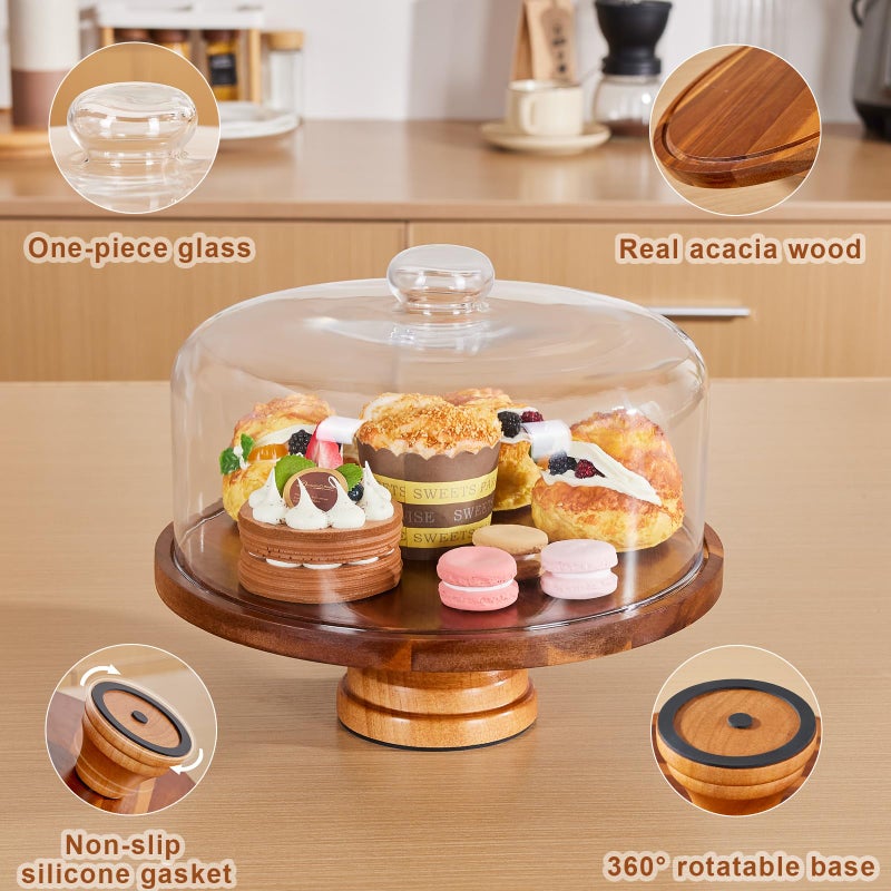 Yangbaga Glass Cake Stand with Lid,11in Wooden Rotating Cake Stand with Dome Cover, Cake Plate Display Server Tray for Birthday Kitchen Party - Image 3
