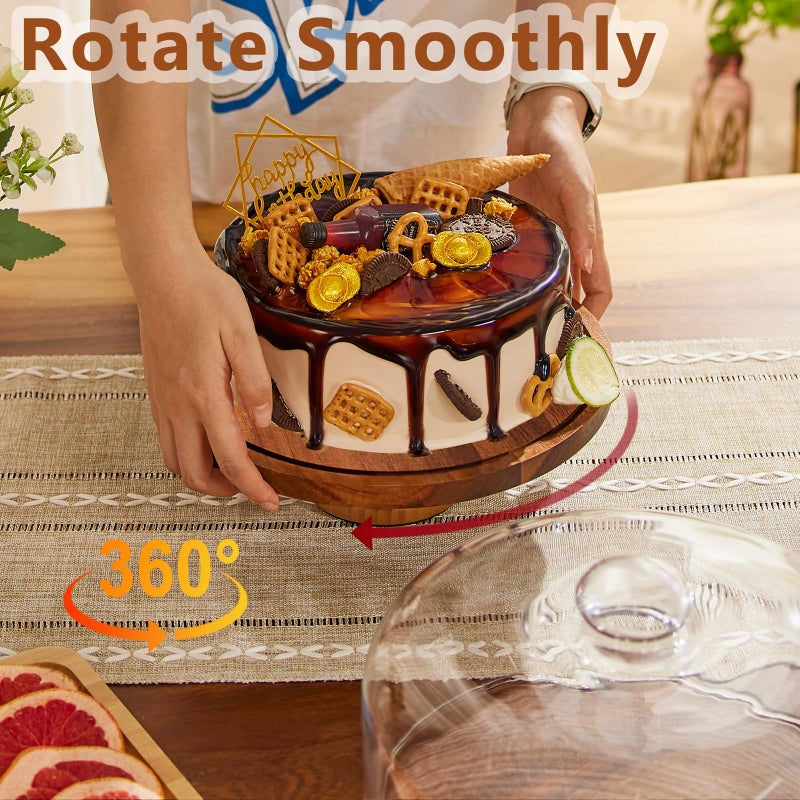 Yangbaga Glass Cake Stand with Lid,11in Wooden Rotating Cake Stand with Dome Cover, Cake Plate Display Server Tray for Birthday Kitchen Party - Image 4