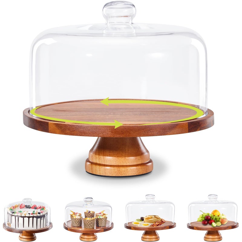 Yangbaga Glass Cake Stand with Lid,11in Wooden Rotating Cake Stand with Dome Cover, Cake Plate Display Server Tray for Birthday Kitchen Party - Image 1
