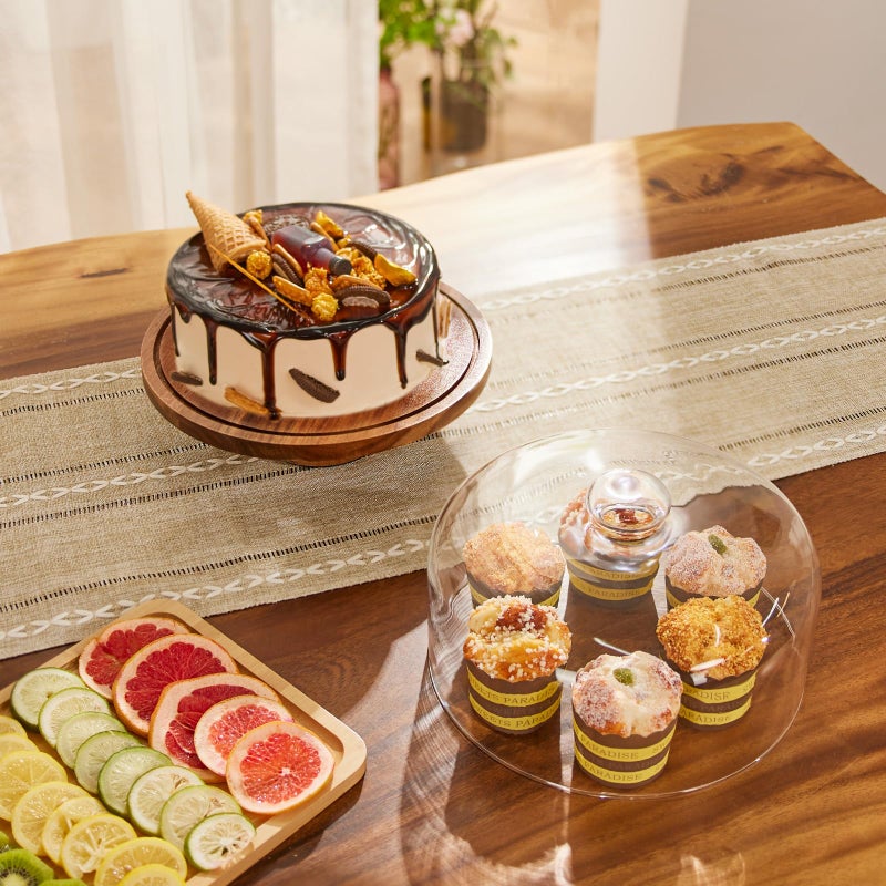 Yangbaga Glass Cake Stand with Lid,11in Wooden Rotating Cake Stand with Dome Cover, Cake Plate Display Server Tray for Birthday Kitchen Party - Image 5
