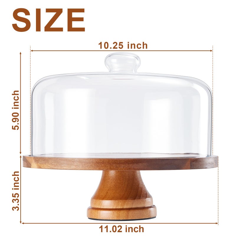 Yangbaga Glass Cake Stand with Lid,11in Wooden Rotating Cake Stand with Dome Cover, Cake Plate Display Server Tray for Birthday Kitchen Party - Image 2