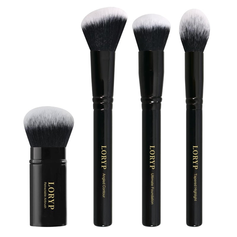 LORYP 4 Pcs Full Face Professional Makeup Brushes Set with Retractable Kabuki Airbrush For Powder,Liquid,Cream,Angled Blush Brush, Foundation Brush, Tapered Highlight Brush - Image 1