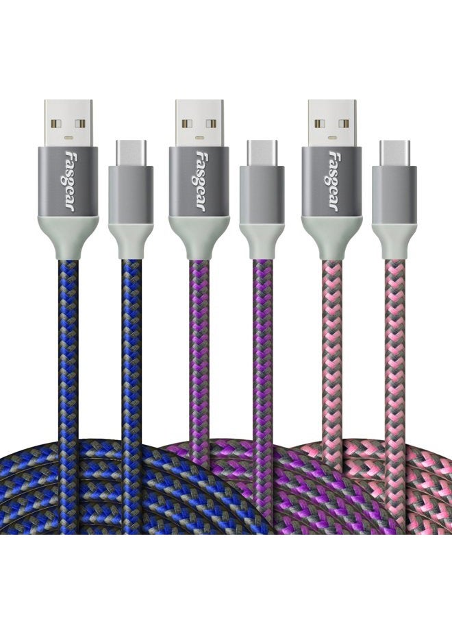 Fasgear [3-Pack]USB to USB C CABLE (10ft), Fasgear Extra Long Nylon Braided Durable USB Type C Cables Fast charging Sync Compatible with Galaxy S9/S8, Moto Z2, LG V30/G6, Nokia N1 and More (Blue/Purpl - Image 1