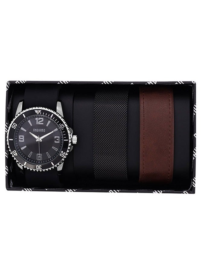 ANDIAMO Men's Analog Silver Case Black Dial Set Watch 