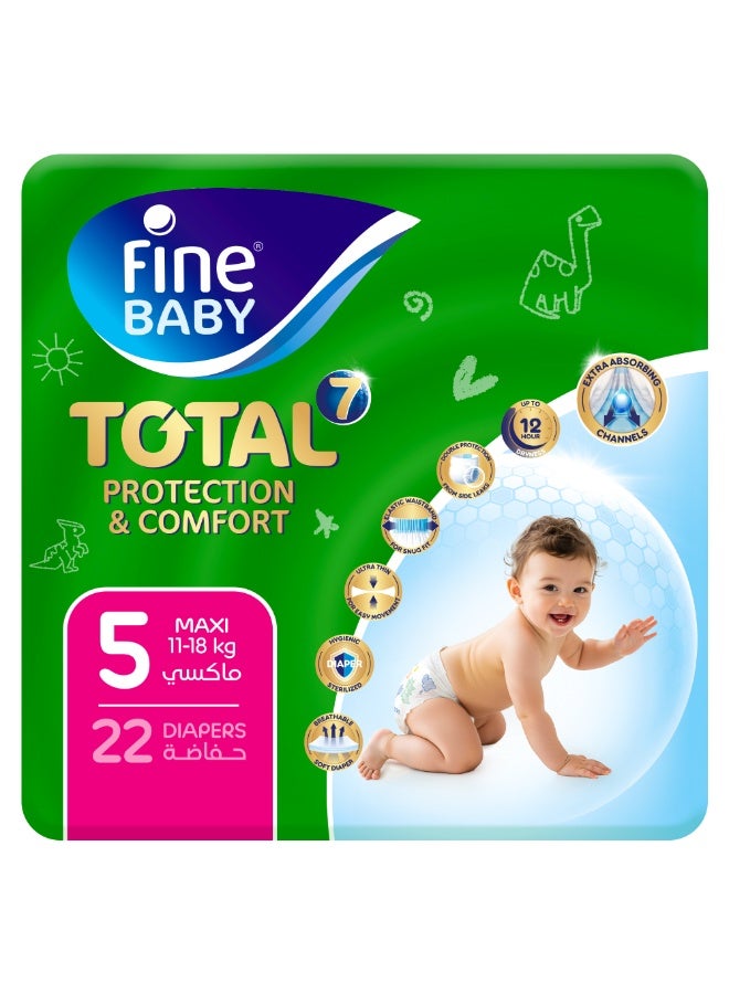 Fine Baby Total 7 Diapers, Size 5 Maxi (11–18 kg), 22 Count. Superior Protection & Comfort, Extra Absorbent, Improved Formula