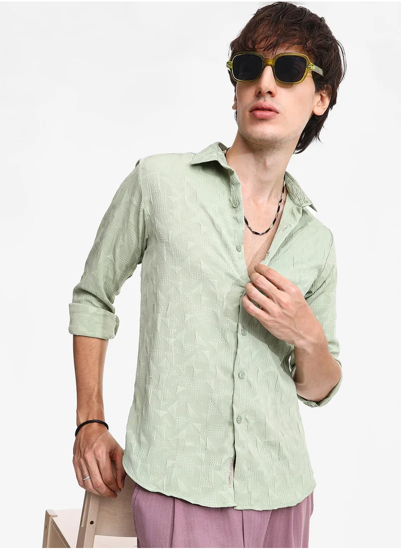 Campus Sutra Men's Sage Green Geometric-Texture Shirt