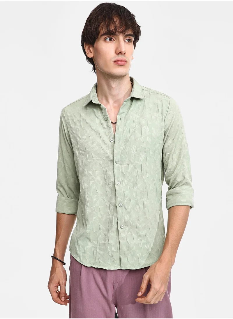 Campus Sutra Men's Sage Green Geometric-Texture Shirt