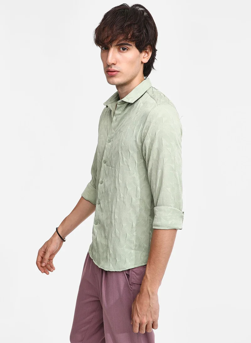 Campus Sutra Men's Sage Green Geometric-Texture Shirt