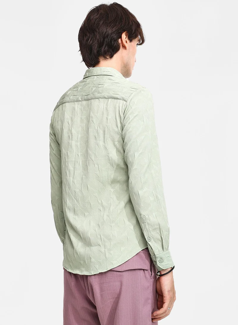 Campus Sutra Men's Sage Green Geometric-Texture Shirt