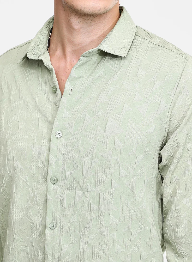 Campus Sutra Men's Sage Green Geometric-Texture Shirt