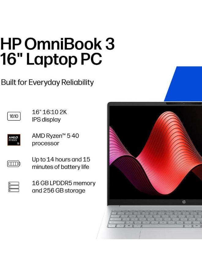 HP OmniBook 3 16-by0205dx Laptop, 16" 2K Touch Display, AMD Ryzen 5 40, 16GB RAM, 256GB SSD, Windows 11 English Silver - Image 5