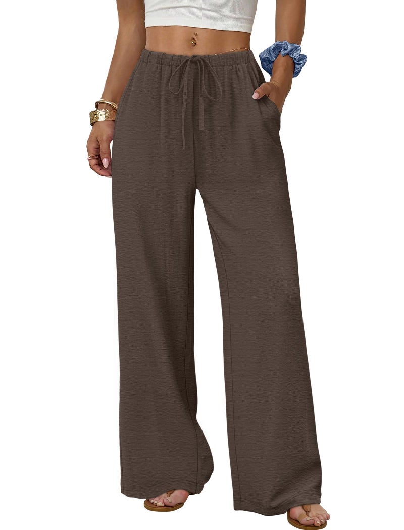 Sampeel Wide Leg Pants Woman Flowy Pants Lounge Business Casual Outfits Work Linen Clothes Summer Pant Tall Travel Outfits 2026 Plus Size Baggy Fashion Clothing Brown XL - Image 1