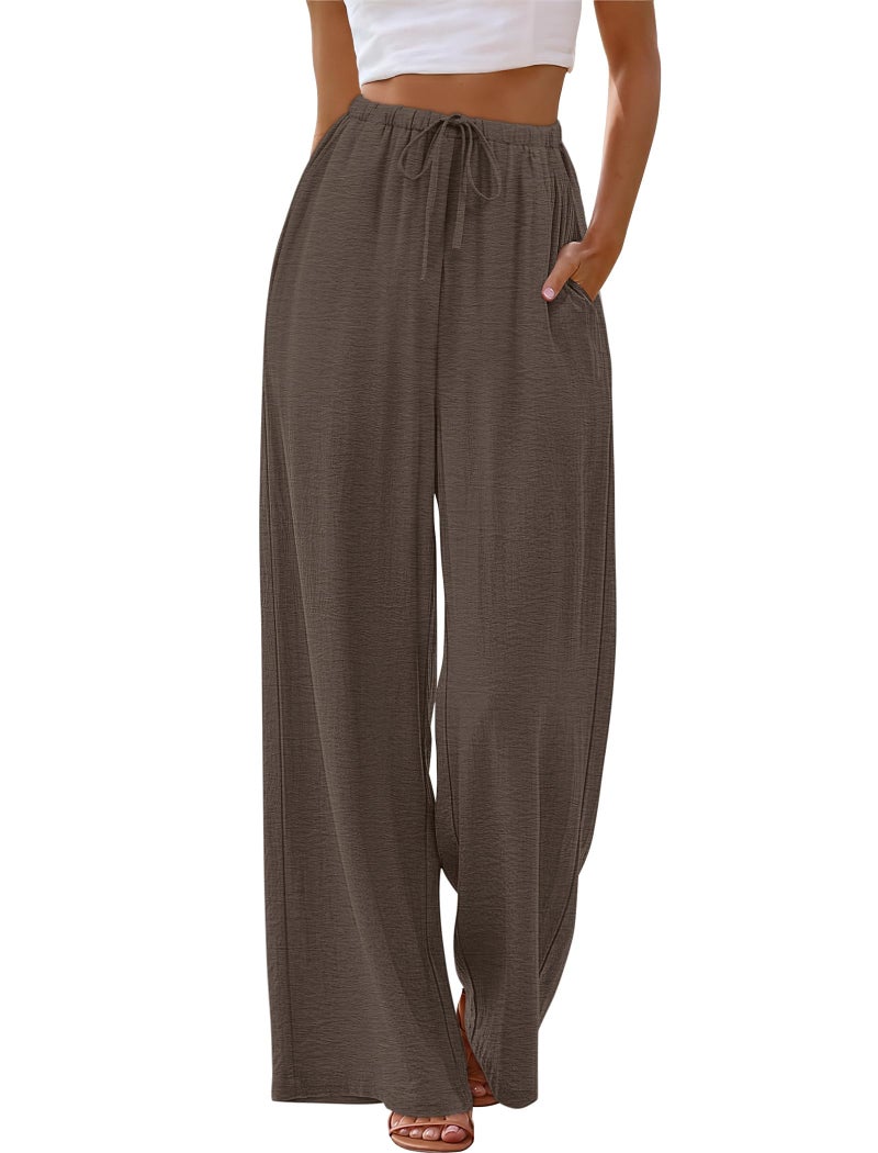 Sampeel Wide Leg Pants Woman Flowy Pants Lounge Business Casual Outfits Work Linen Clothes Summer Pant Tall Travel Outfits 2026 Plus Size Baggy Fashion Clothing Brown XL - Image 2