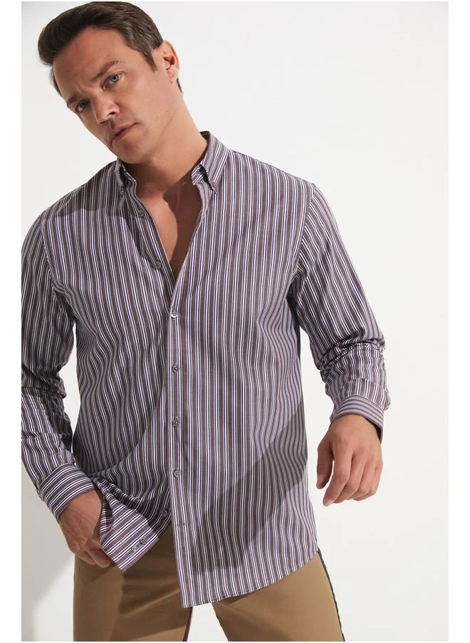 جون June Exclusive Men Regular Fit Long Sleeve Striped Shirt Brown - White