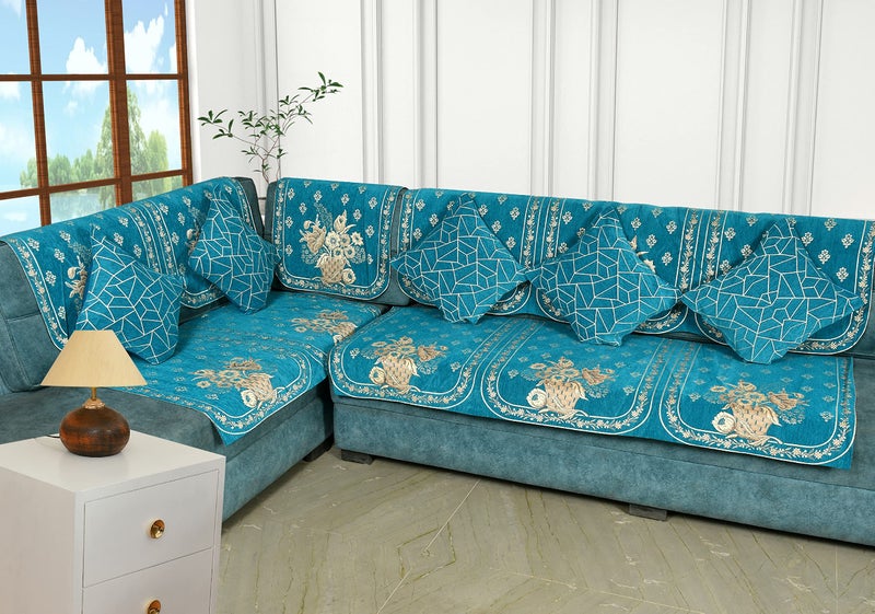 SAWNA HOMES Velvet L Shape Sofa Covers Set with 5 Cushion Covers - Premium 7 Seater Sofa Slip Protector Covers for Living Room Decor - Heavy Fabric Slip Protector for Long Couch, Sky Blue - Image 1