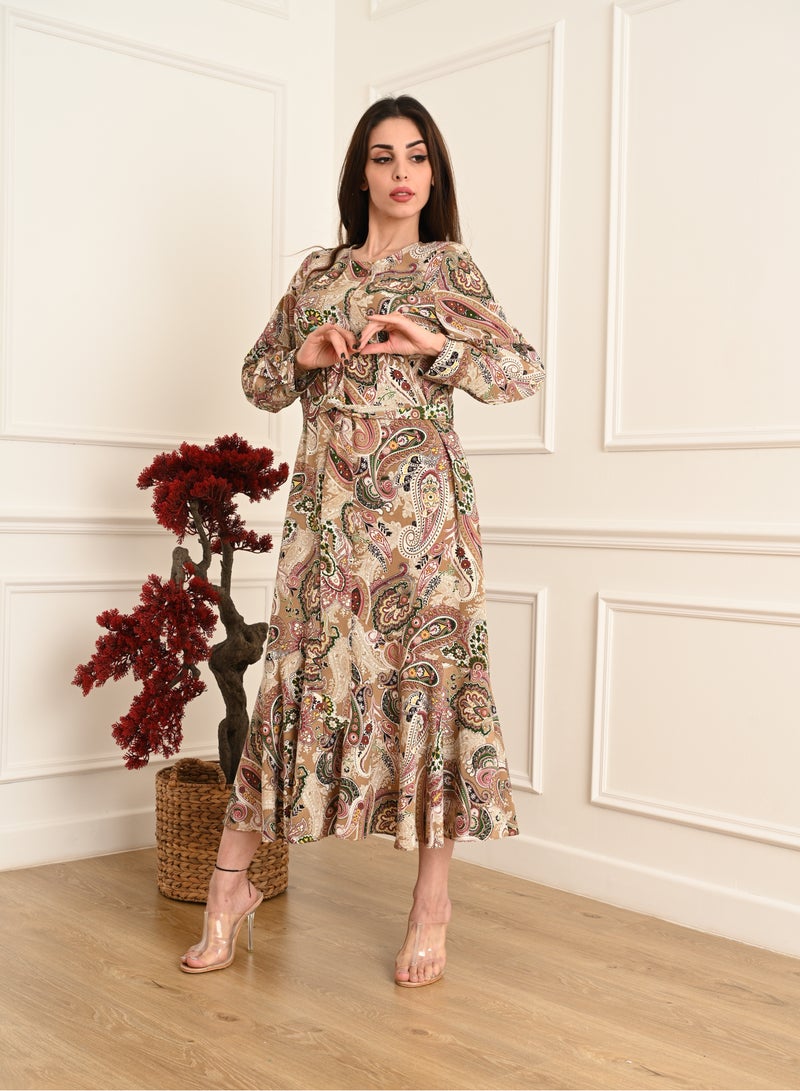 فول جوي فستان أنيق طويل بأكمام طويلة  مزين بحزام علي الخصر ,متعدد الألوان - Image 1