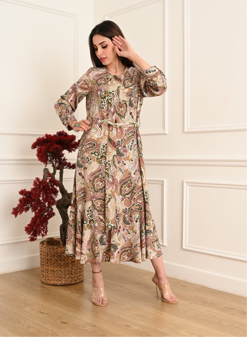 فول جوي فستان أنيق طويل بأكمام طويلة  مزين بحزام علي الخصر ,متعدد الألوان - Image 2