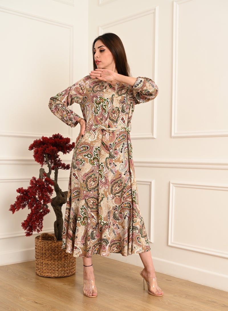 فول جوي فستان أنيق طويل بأكمام طويلة  مزين بحزام علي الخصر ,متعدد الألوان - Image 3