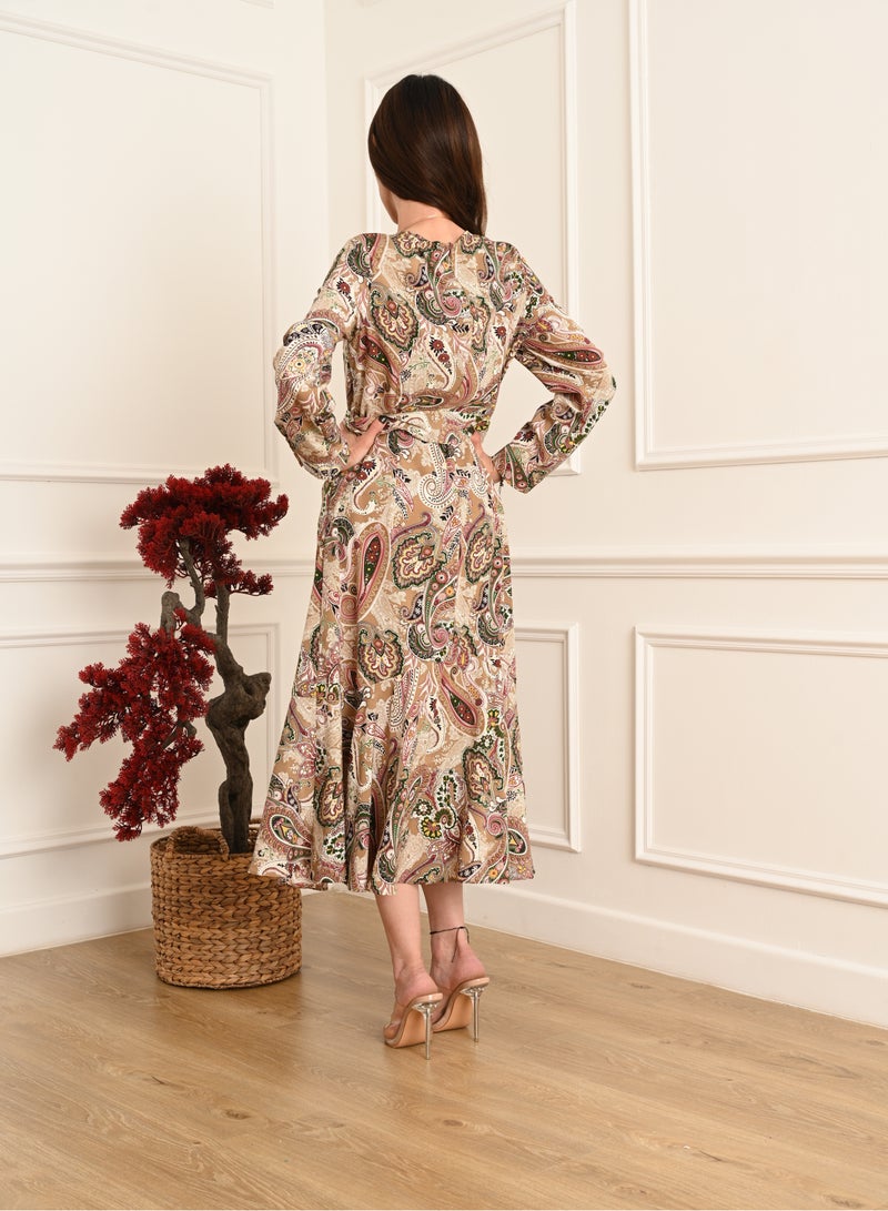 فول جوي فستان أنيق طويل بأكمام طويلة  مزين بحزام علي الخصر ,متعدد الألوان - Image 4