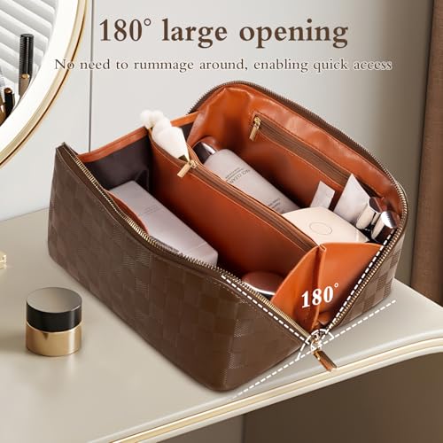 Abiudeng Travel Makeup Bag,Large Capacity Toiletry Bag Cosmetic Bags for Travel Essentials,Waterproof Portable Pouch Open Flat Makeup bag Organizer with Divider and Handle(Checkered-Brown) - Image 4