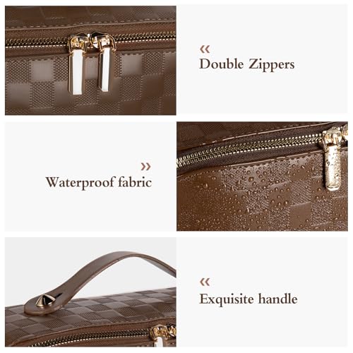 Abiudeng Travel Makeup Bag,Large Capacity Toiletry Bag Cosmetic Bags for Travel Essentials,Waterproof Portable Pouch Open Flat Makeup bag Organizer with Divider and Handle(Checkered-Brown) - Image 3