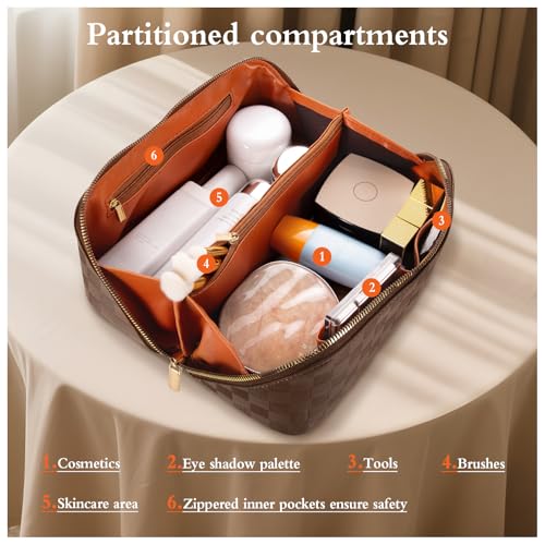Abiudeng Travel Makeup Bag,Large Capacity Toiletry Bag Cosmetic Bags for Travel Essentials,Waterproof Portable Pouch Open Flat Makeup bag Organizer with Divider and Handle(Checkered-Brown) - Image 5