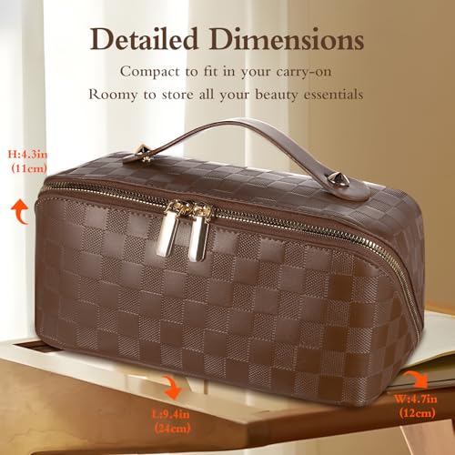 Abiudeng Travel Makeup Bag,Large Capacity Toiletry Bag Cosmetic Bags for Travel Essentials,Waterproof Portable Pouch Open Flat Makeup bag Organizer with Divider and Handle(Checkered-Brown) - Image 2