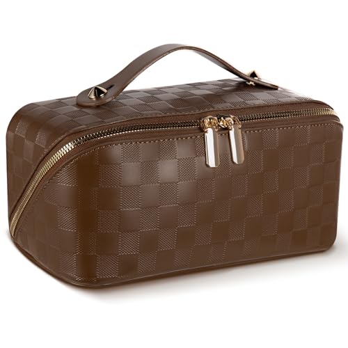 Abiudeng Travel Makeup Bag,Large Capacity Toiletry Bag Cosmetic Bags for Travel Essentials,Waterproof Portable Pouch Open Flat Makeup bag Organizer with Divider and Handle(Checkered-Brown) - Image 1