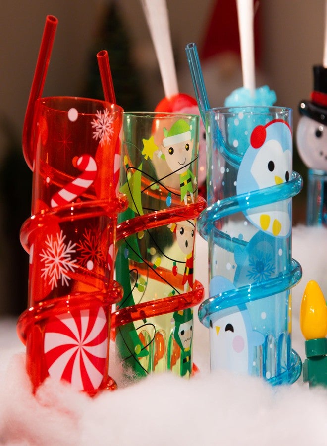 Cool Things Corp Light-Up Straw Cups for Kids (3 Pack) – LED Reusable Party Cups with Built-In Lights, BPA-Free Drinkware with Reusable Straws, Festive Christmas Peppermint, Elf & Penguin Designs - Image 3