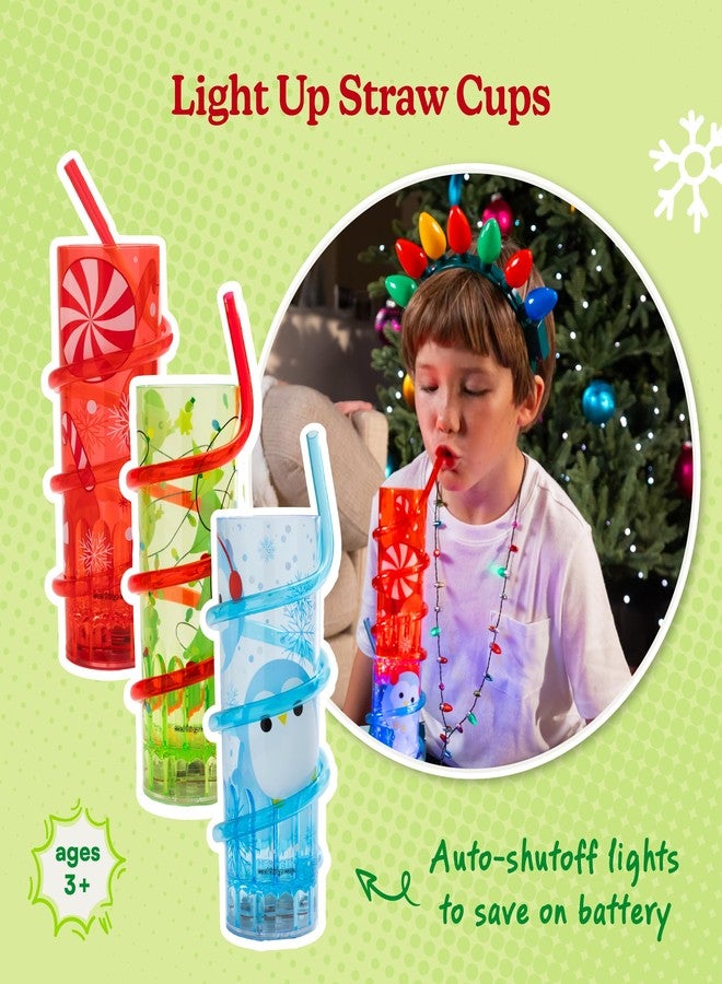 Cool Things Corp Light-Up Straw Cups for Kids (3 Pack) – LED Reusable Party Cups with Built-In Lights, BPA-Free Drinkware with Reusable Straws, Festive Christmas Peppermint, Elf & Penguin Designs - Image 2
