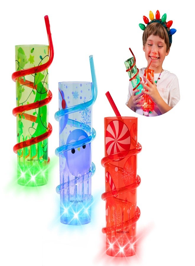 Cool Things Corp Light-Up Straw Cups for Kids (3 Pack) – LED Reusable Party Cups with Built-In Lights, BPA-Free Drinkware with Reusable Straws, Festive Christmas Peppermint, Elf & Penguin Designs - Image 1