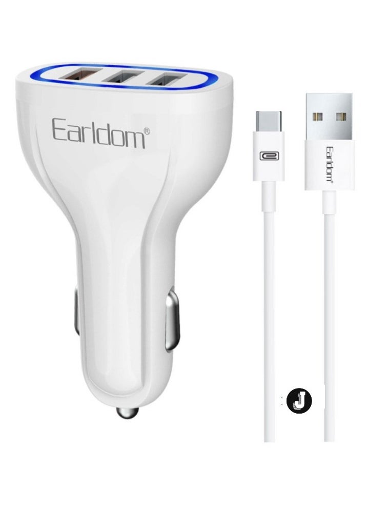 JAJEEK Car Socket Charger 3xUSB, QC3.0 & Type-C Cable – Fast Charging for iPhone, Android, and Devices, White - Image 1