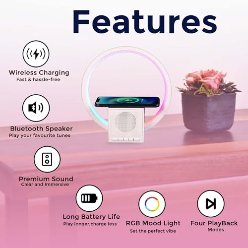 Bigsmall Aura Lamp: Wireless Charger, Smart Bluetooth Speaker Ambient Lighting, Bedside Night Light & Sound Machine – Stylish Desk Lamp & Home Decor for Bedroom & Living Space (BT258) 6-Month Warranty - Image 4