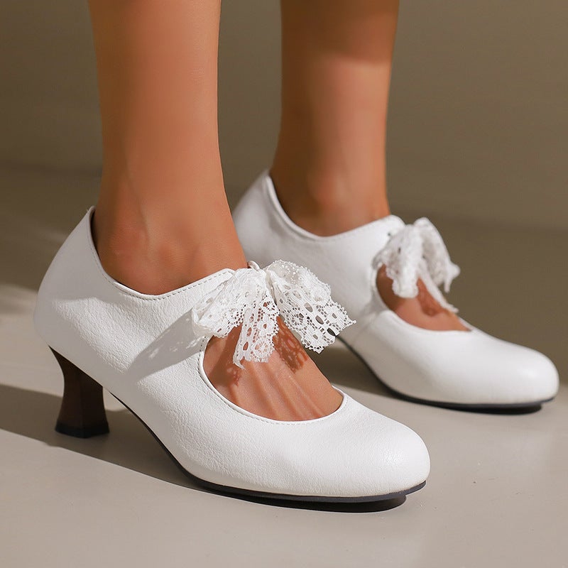 Lazada 2025 Spring New High Heeled Women'S Shoes 32-50 Size Code Ribbon Lace Solid Color Shoes - Image 2