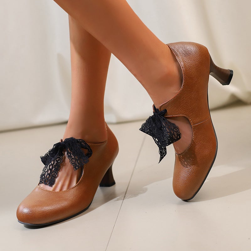 Lazada 2025 Spring New High Heeled Women'S Shoes 32-50 Size Code Ribbon Lace Solid Color Shoes - Image 3