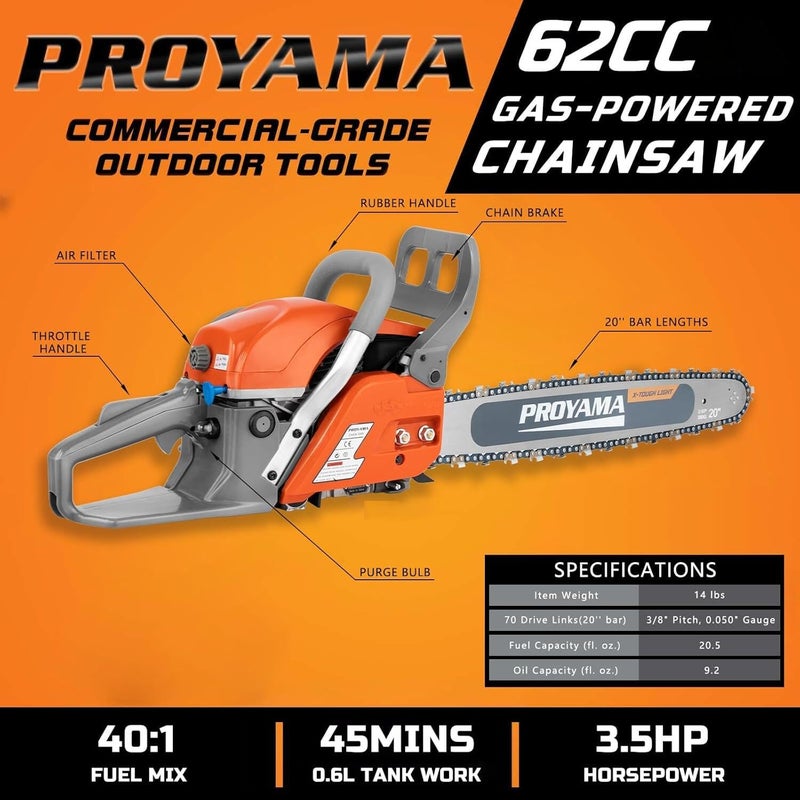 PROYAMA منشار كهربائي يعمل بالغاز PROYAMA 62CC، 20 بوصة، 2 دورة، محمول بدون سلك، منشار غاز لقطع الأخشاب والأشجار - Image 2