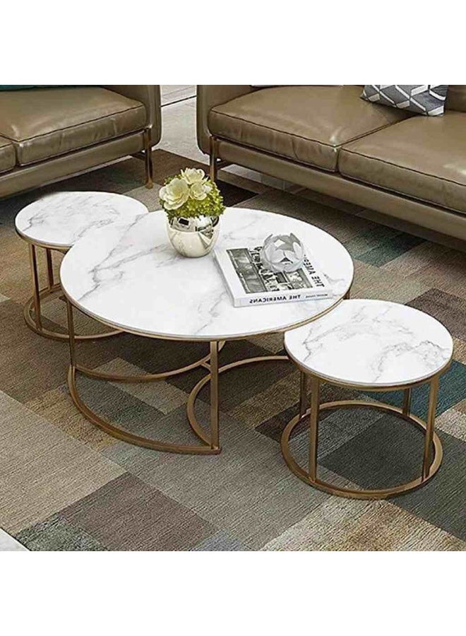 3-piece table set, gold steel frame, white marble top