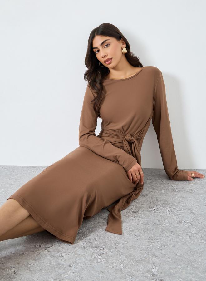 Styli Brown Knot Front Midi Dress - Image 1