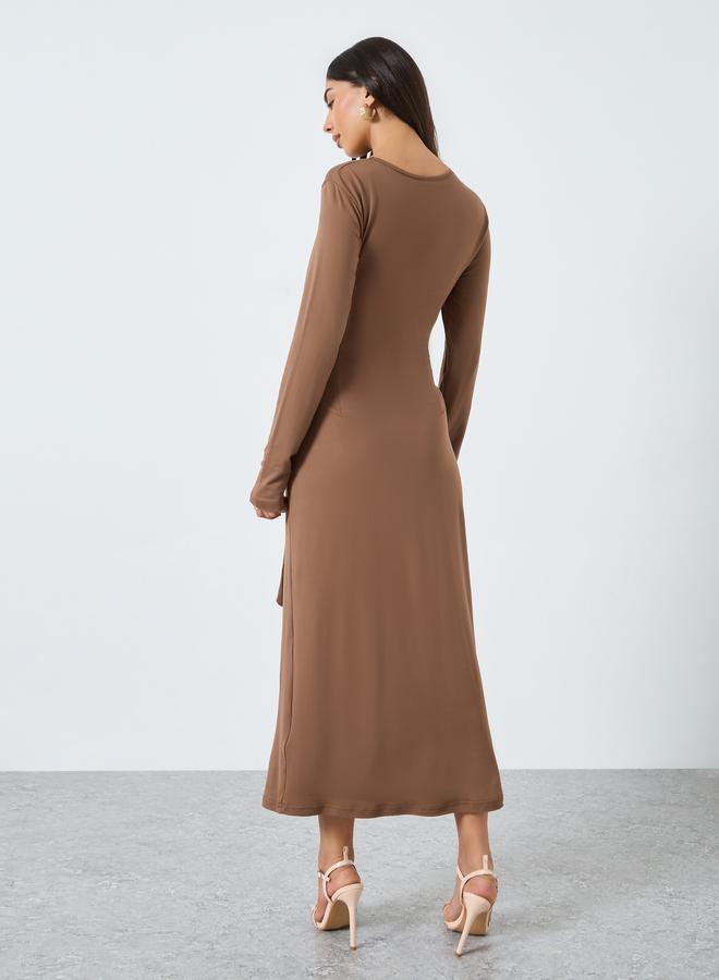 Styli Brown Knot Front Midi Dress - Image 4