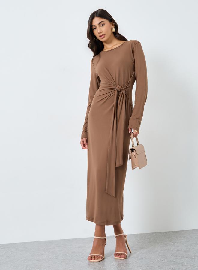 Styli Brown Knot Front Midi Dress - Image 2