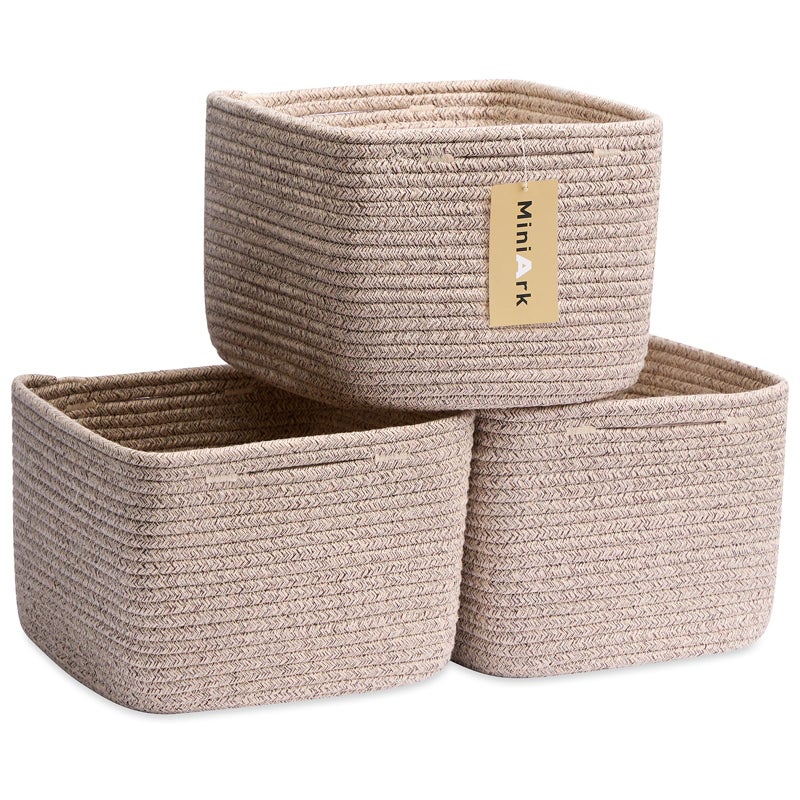 MiniArk Small Organizing Baskets for Cubes Shelf, 9.7x9.7x7.1 Inch Rope Woven Storage Bins for Nursery Shelves Storage, Cute Toy Basket, Square 3 Packs Mixed Brown - Image 1