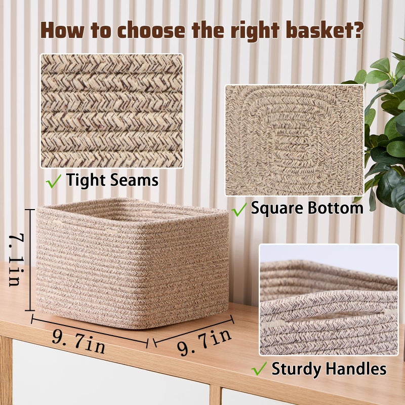 MiniArk Small Organizing Baskets for Cubes Shelf, 9.7x9.7x7.1 Inch Rope Woven Storage Bins for Nursery Shelves Storage, Cute Toy Basket, Square 3 Packs Mixed Brown - Image 2