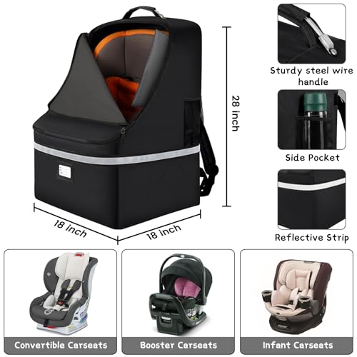 SINVICKO Car Seat Travel Bag,Padded Car Seats Backpack with Steel Cable Handle and Reflective Stripes, Large Durable Carseat Carrier Bag,Airport Gate Check Bag,Infant Seat Travel Bag with Shoulder Strap,Black - Image 2