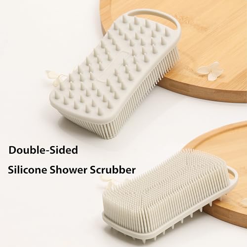 MtBoi 2 PC Silicone Body Scrubber, 2 in 1 Exfoliating Shower Bath Scrubber, Soft Silicone Loofah for Sensitive Skin, Shower Hair Scalp Massager, Easy to Clean, Lather Well (Grey&Blue) - Image 3