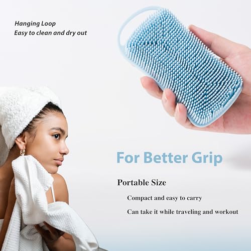 MtBoi 2 PC Silicone Body Scrubber, 2 in 1 Exfoliating Shower Bath Scrubber, Soft Silicone Loofah for Sensitive Skin, Shower Hair Scalp Massager, Easy to Clean, Lather Well (Grey&Blue) - Image 5
