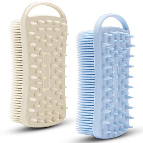 MtBoi 2 PC Silicone Body Scrubber, 2 in 1 Exfoliating Shower Bath Scrubber, Soft Silicone Loofah for Sensitive Skin, Shower Hair Scalp Massager, Easy to Clean, Lather Well (Grey&Blue) - Image 1