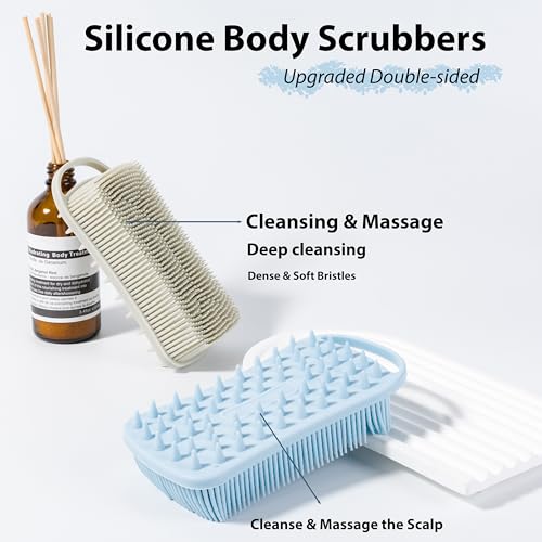 MtBoi 2 PC Silicone Body Scrubber, 2 in 1 Exfoliating Shower Bath Scrubber, Soft Silicone Loofah for Sensitive Skin, Shower Hair Scalp Massager, Easy to Clean, Lather Well (Grey&Blue) - Image 2